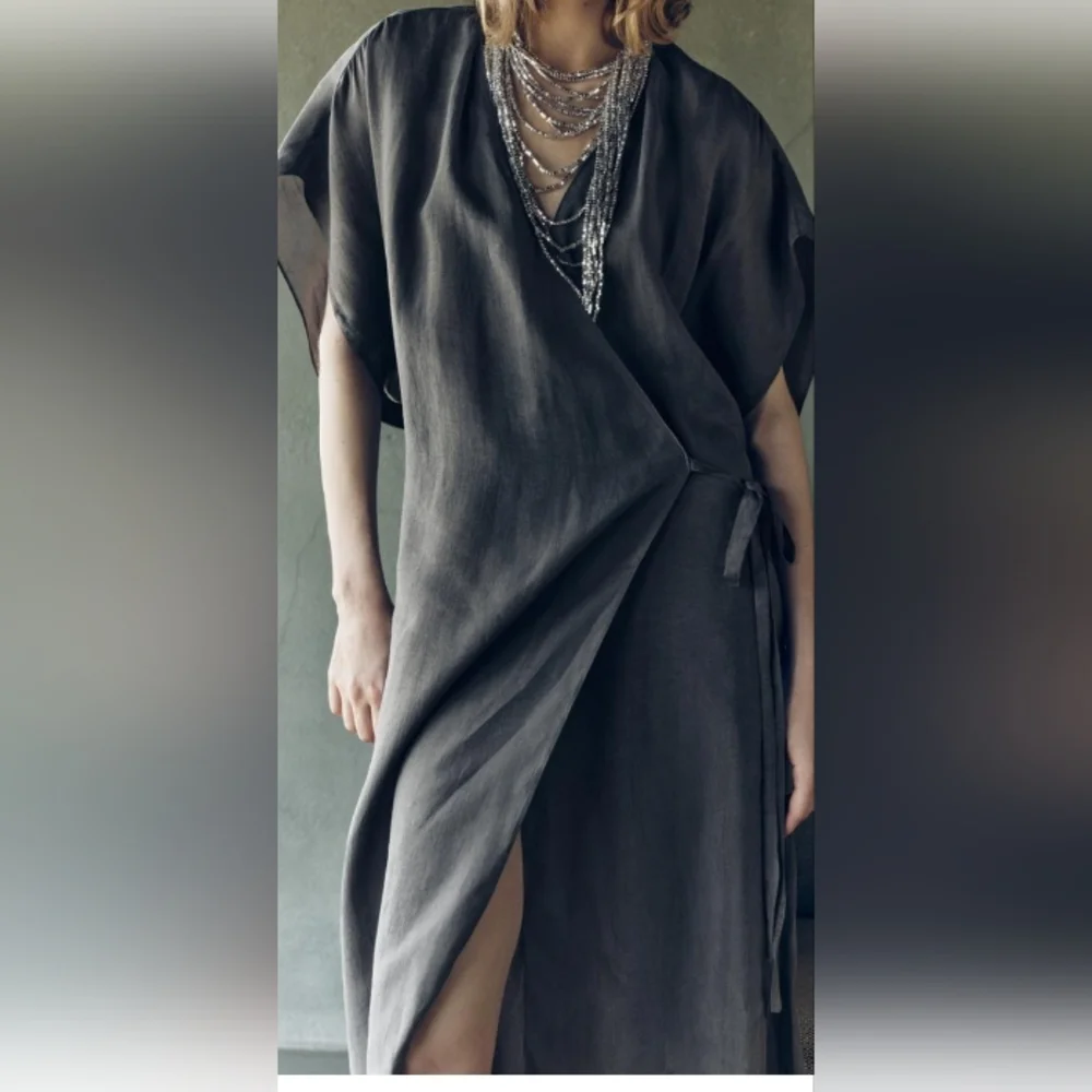 Zara Zw Collection Wrap Business Casual Midi Gray Lighweight Dress_3